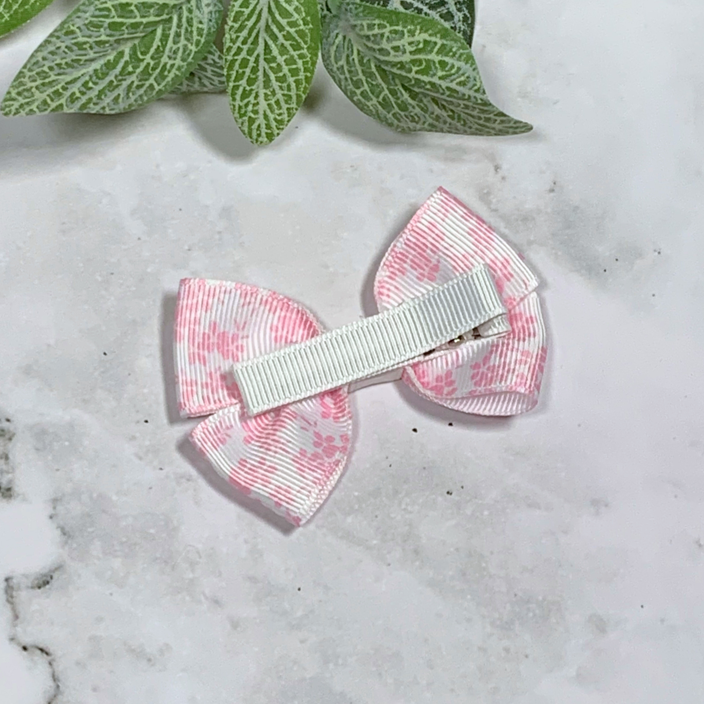 Pink & White Floral Small Bow Hair Clip
