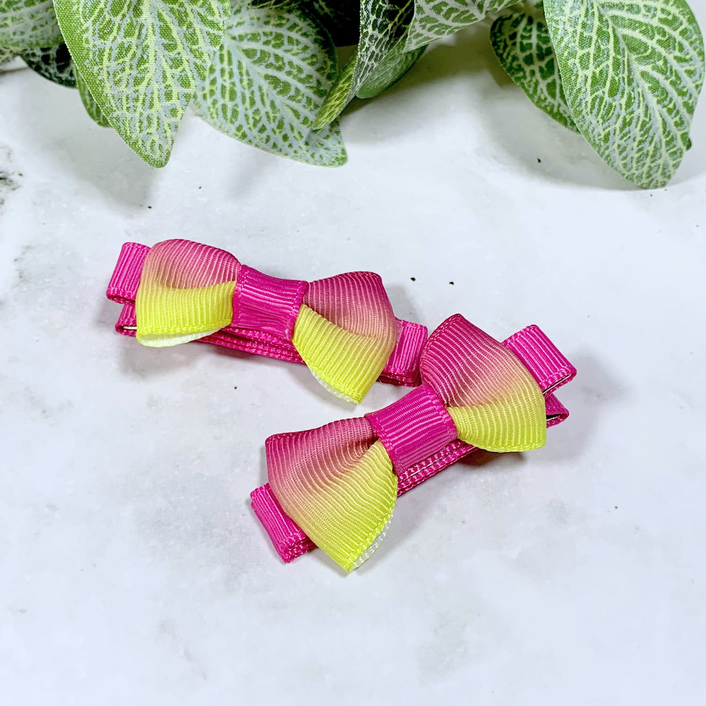 Pink & Yellow Ombre Mini Bow Hair Clips - set of 2