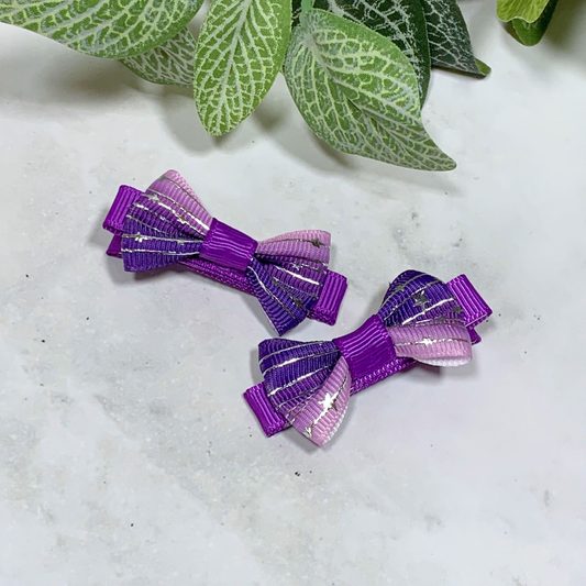 Purple Ombre with Silver Stars Mini Bow Hair Clips - set of 2