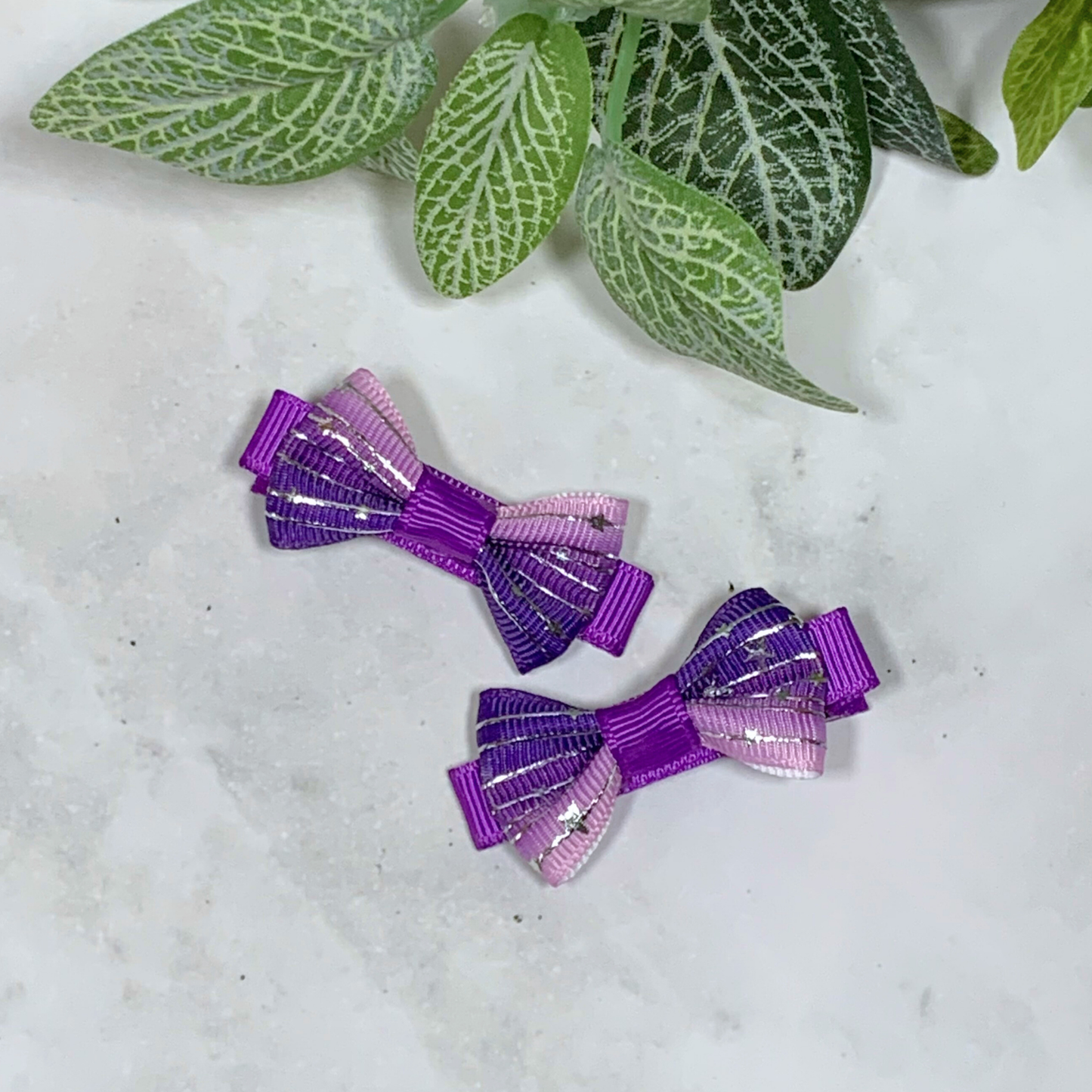 Purple Ombre with Silver Stars Mini Bow Hair Clips - set of 2