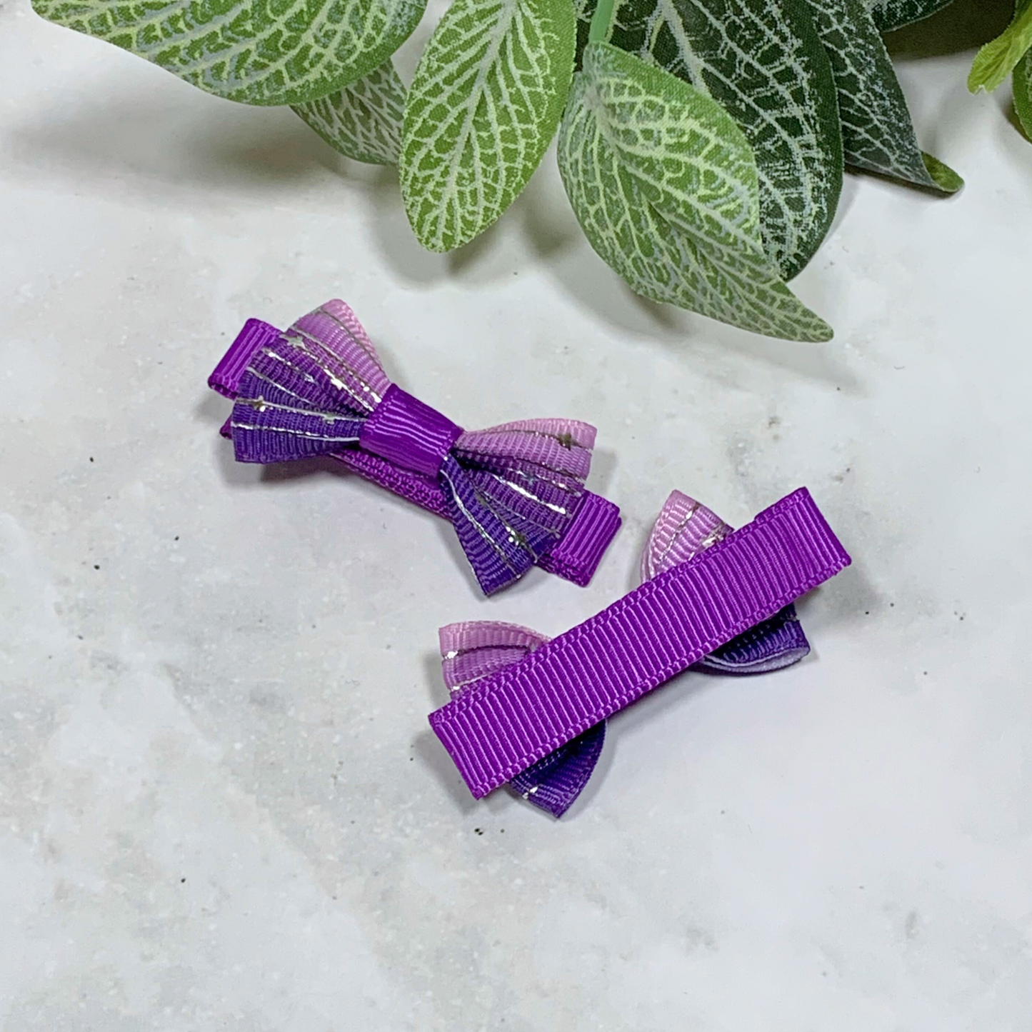 Purple Ombre with Silver Stars Mini Bow Hair Clips - set of 2
