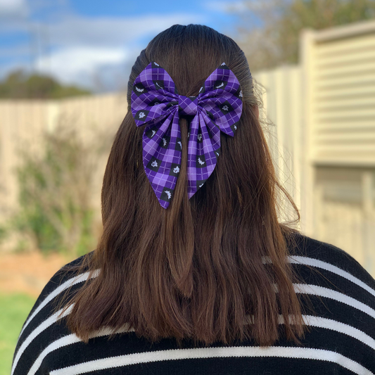 Purple Plaid Halloween Bow with Tails Hair Clip