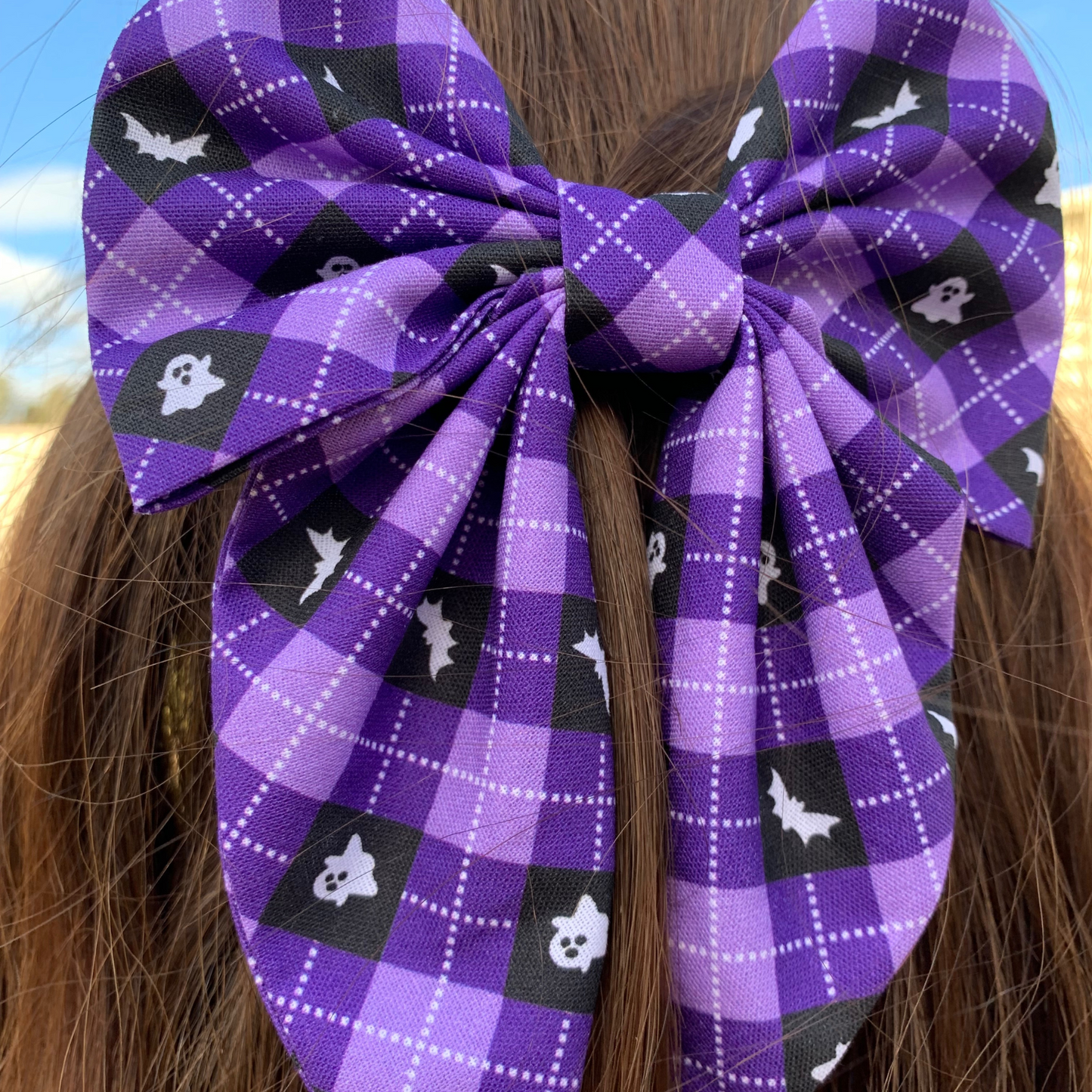 Purple Plaid Halloween Bow with Tails Hair Clip