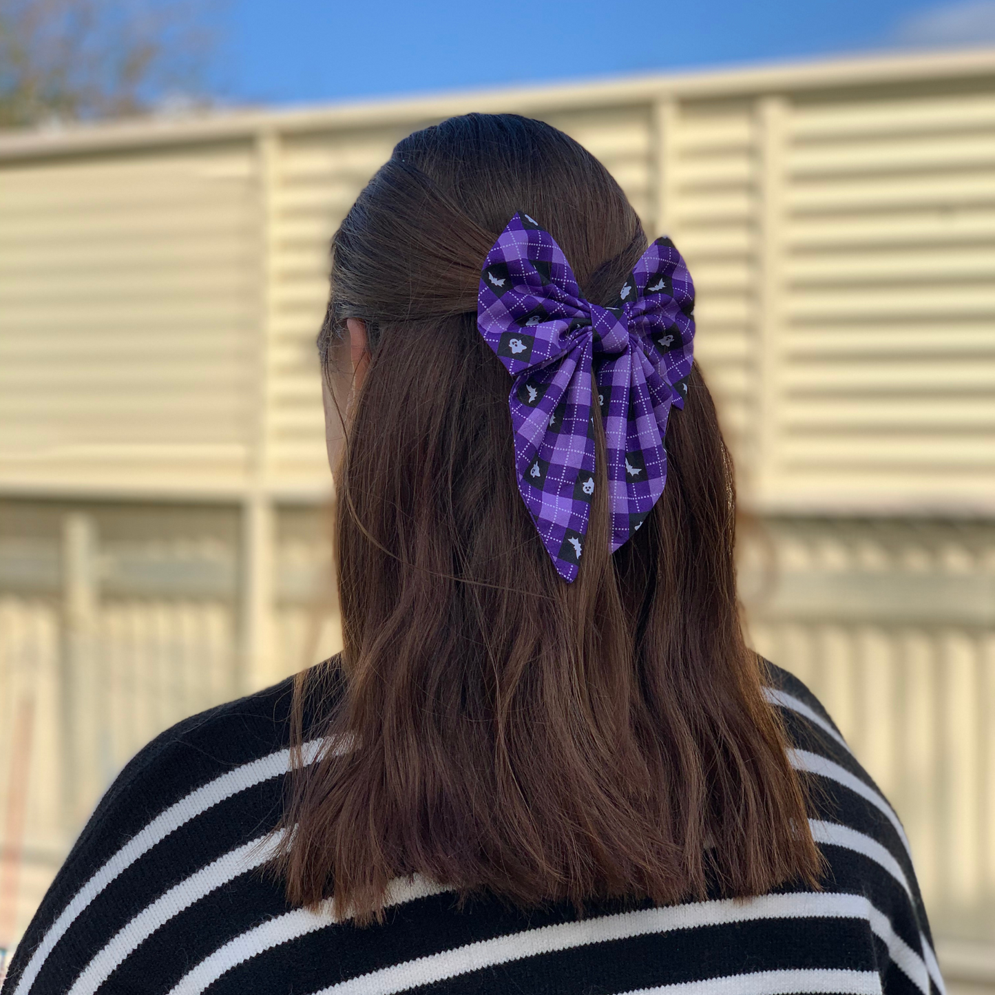 Purple Plaid Halloween Bow with Tails Hair Clip