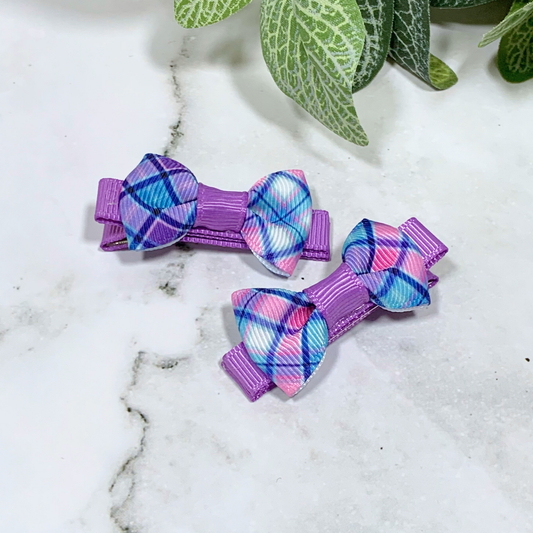 Purple Plaid Mini Bow Hair Clips - set of 2