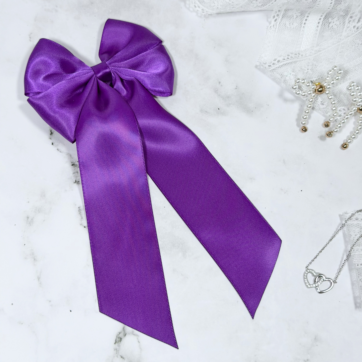 Purple Satin Bow with Tails Hair Clip