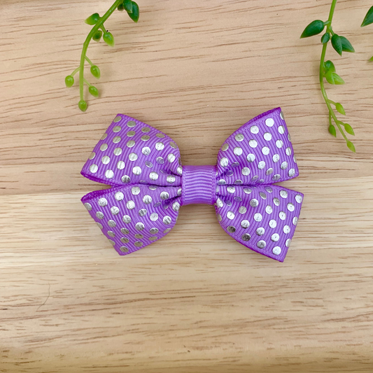 Purple with Silver Foil Spots Double Bow Hair Clip