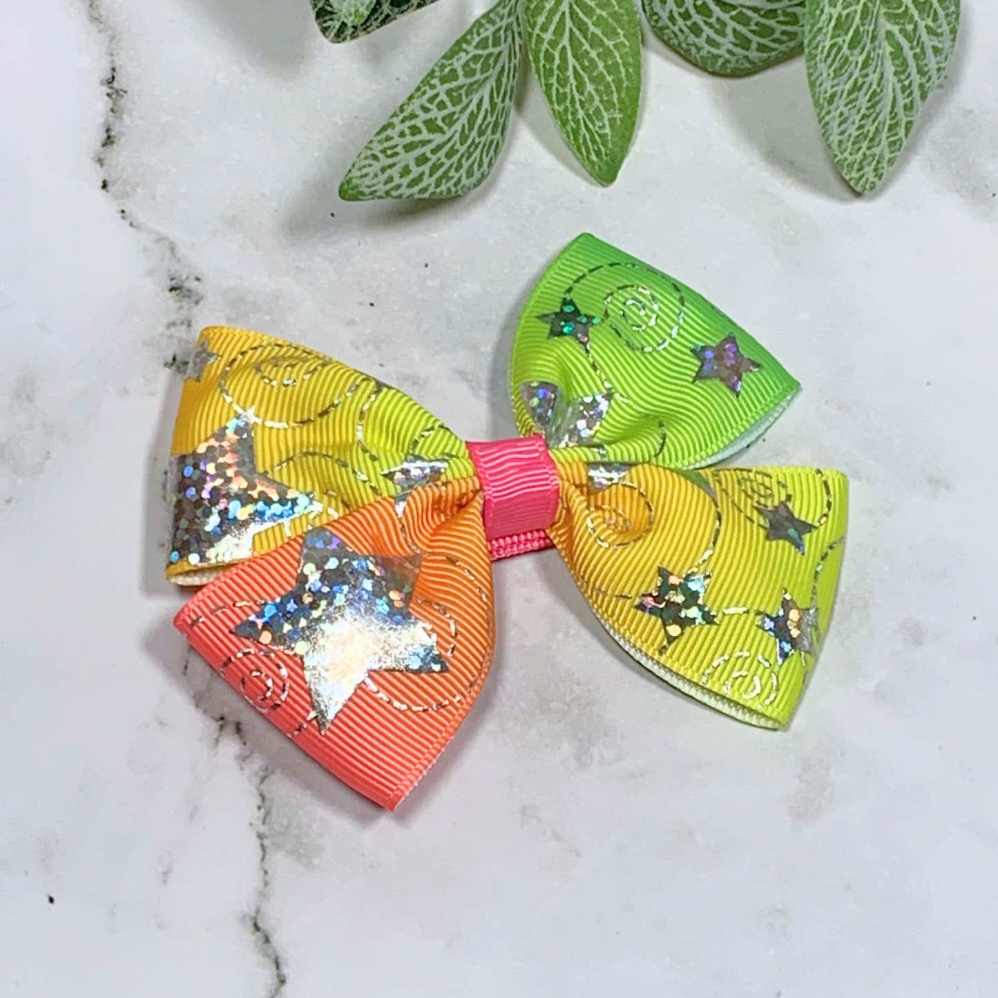 Rainbow Ombre with Silver Stars Medium Bow Hair Clip