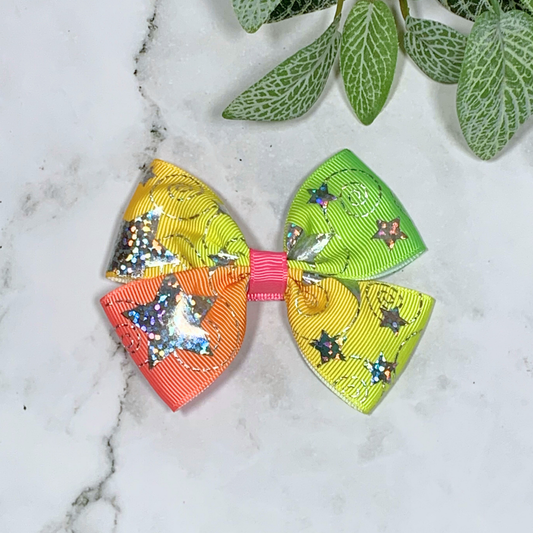 Rainbow Ombre with Silver Stars Medium Bow Hair Clip