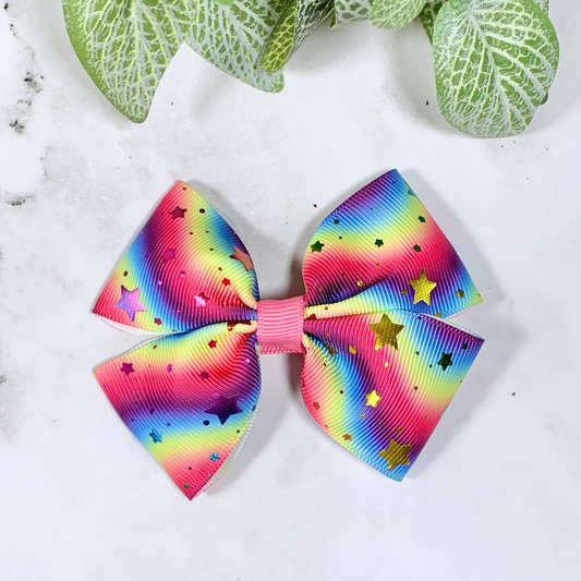 Rainbow with Foil Stars Medium Bow Hair Clip