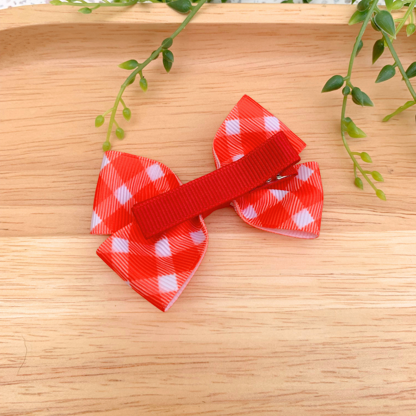 Red Check Double Bow Hair Clip