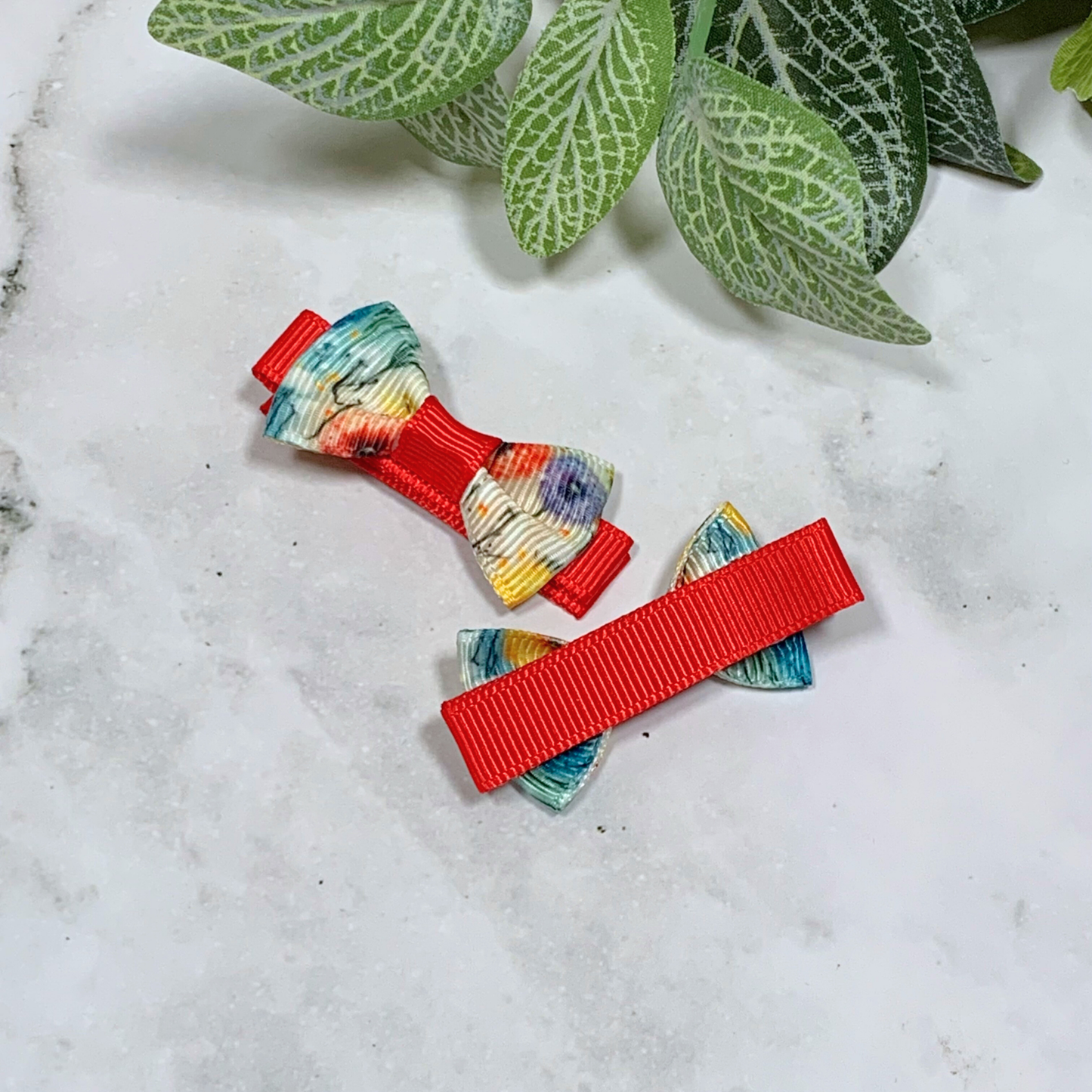 Red Dandelion Mini Bow Hair Clips - set of 2