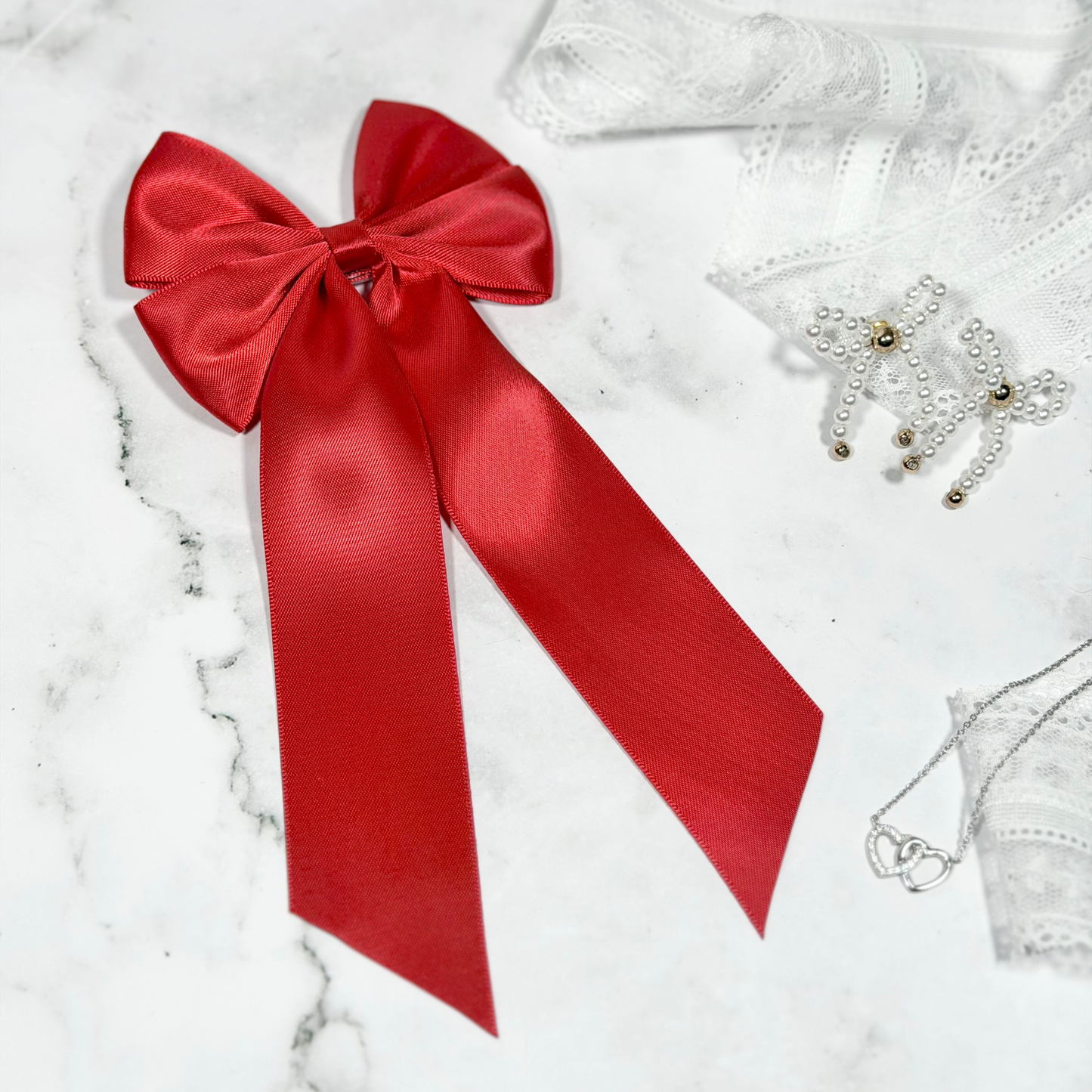 Red Satin Bow with Tails Hair Clip