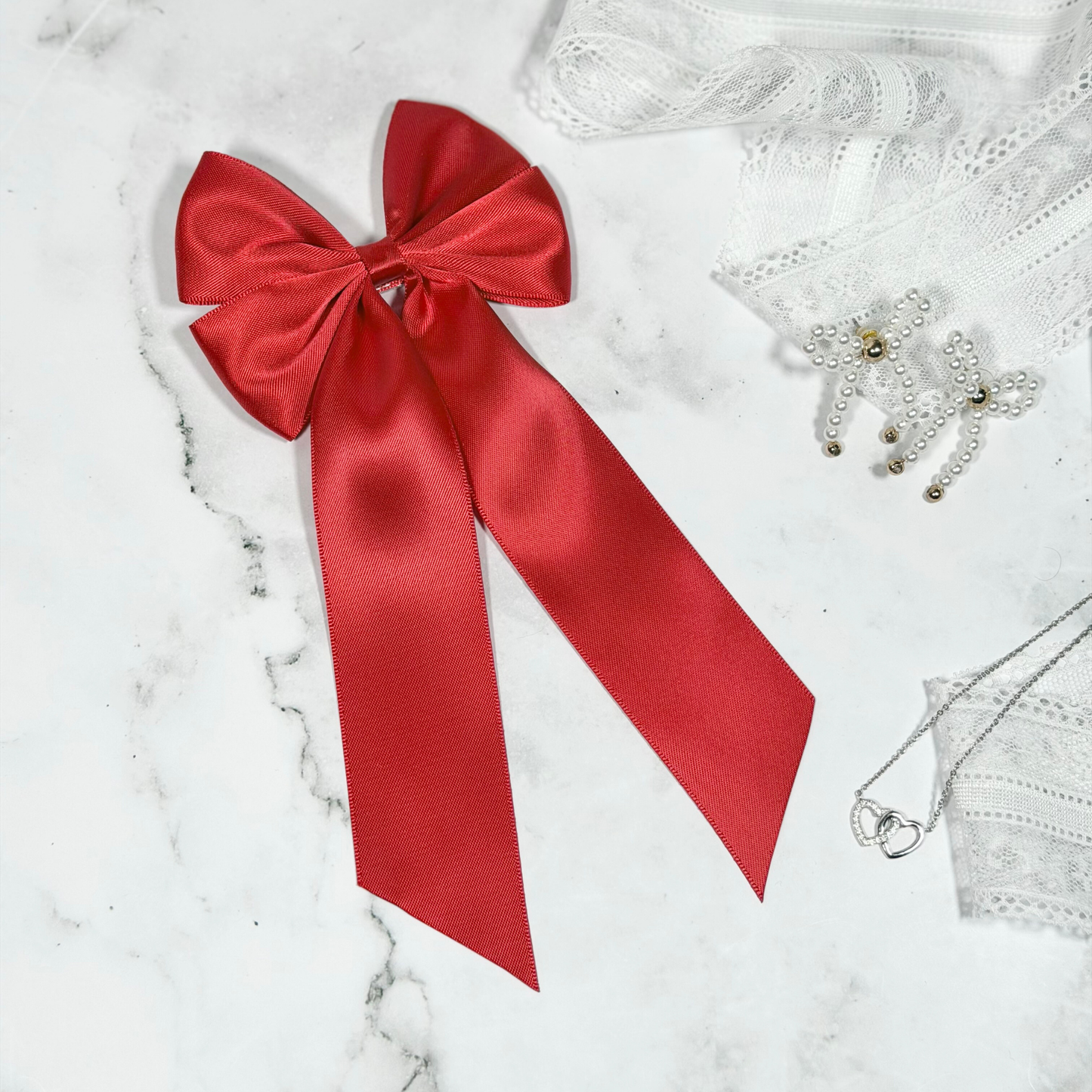 Red Satin Bow with Tails Hair Clip