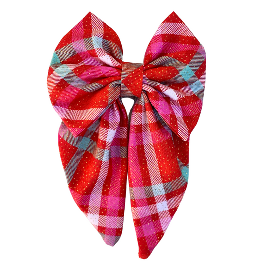 Red Plaid Sparkle Fabric Bow Hair Clip with Tails