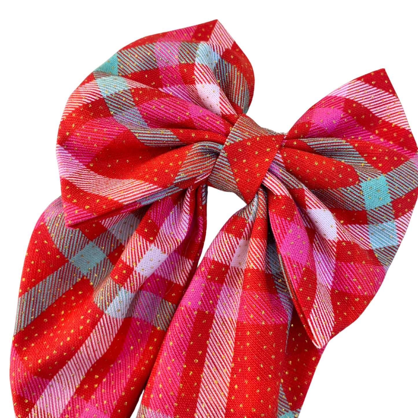 Red Plaid Sparkle Fabric Bow Hair Clip with Tails