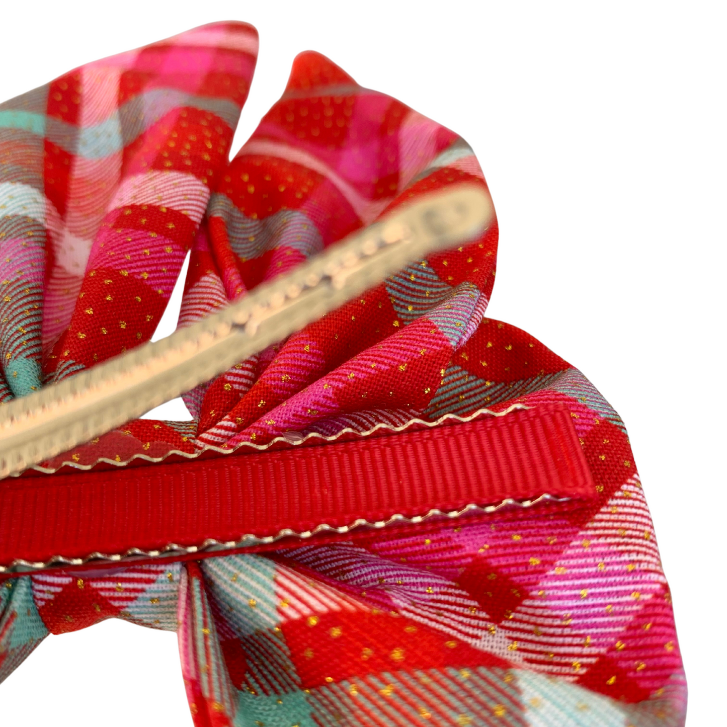 Red Plaid Sparkle Fabric Bow Hair Clip with Tails