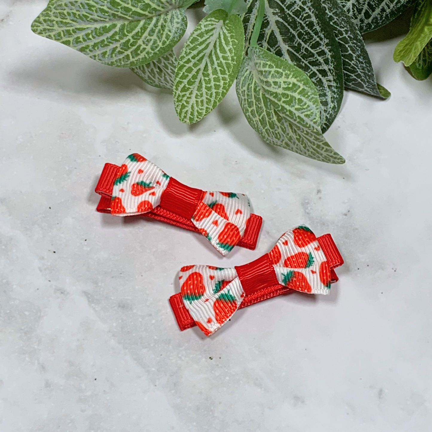 Red Strawberry Mini Bow Hair Clips - set of 2