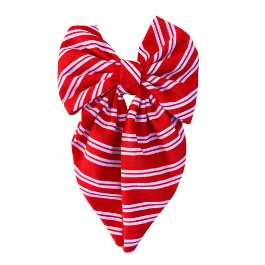 Red & White Stripe Fabric Bow Hair Clip with Tails