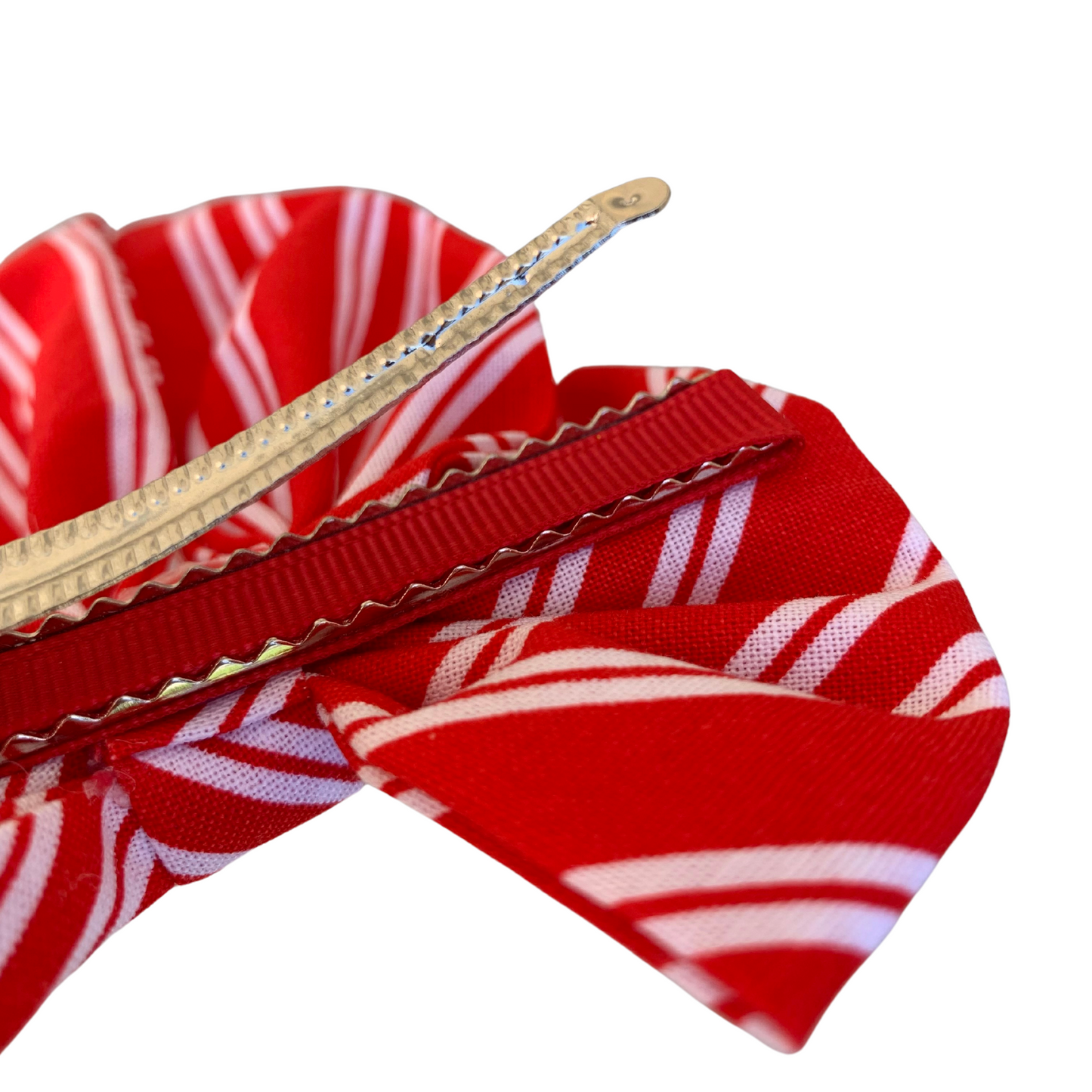 Red & White Stripe Fabric Bow Hair Clip with Tails