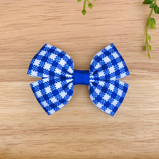 Royal Blue Check Double Bow Hair Clip