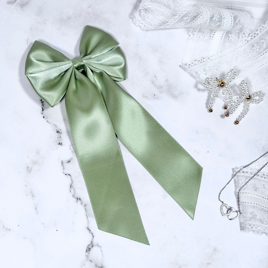 Sage Satin Bow with Tails Hair Clip