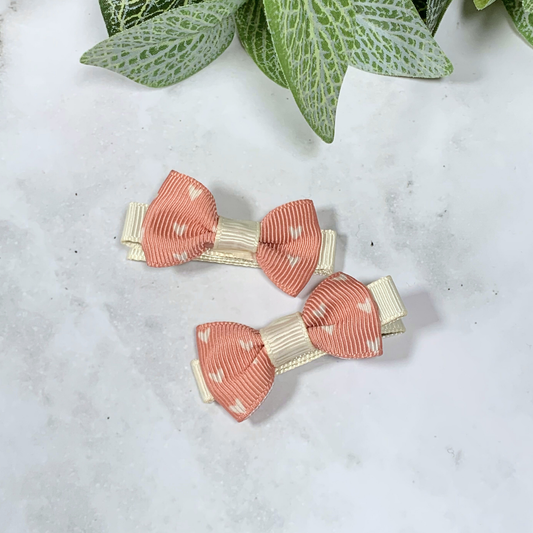 Salmon Hearts Mini Bow Hair Clips - set of 2