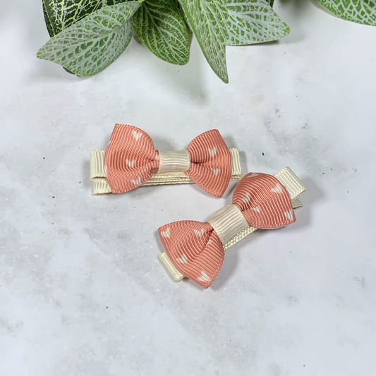 Salmon Hearts Mini Bow Hair Clips - set of 2