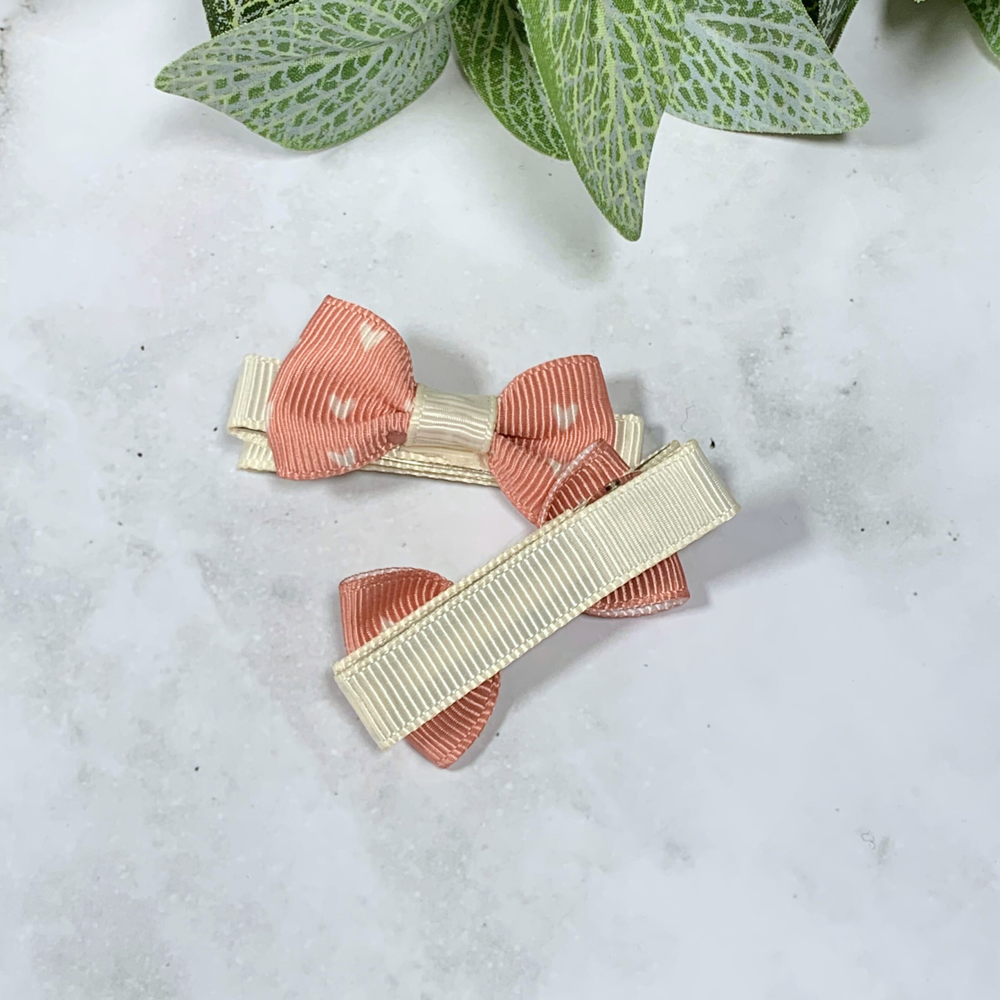 Salmon Hearts Mini Bow Hair Clips - set of 2
