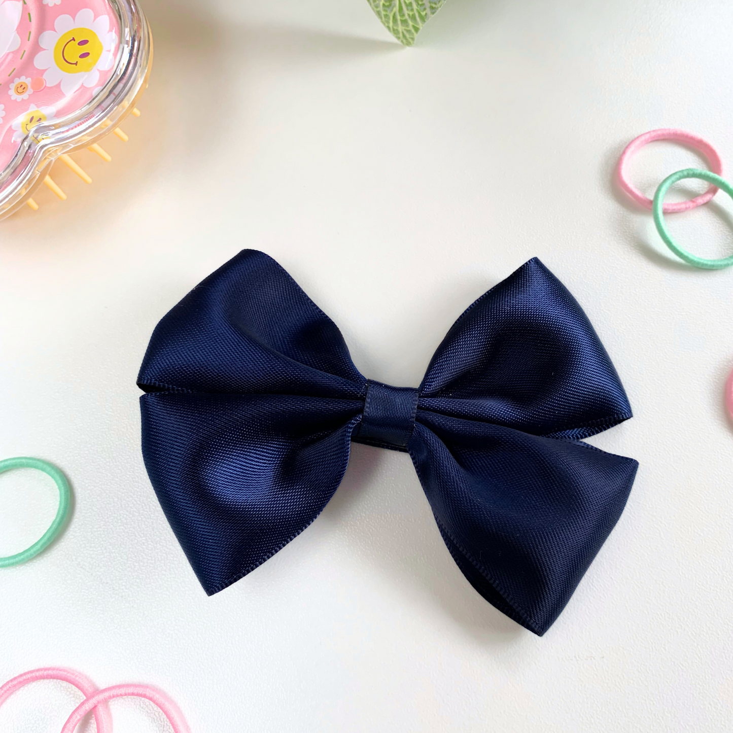 Navy Satin Medium Double Bow Hair Clip