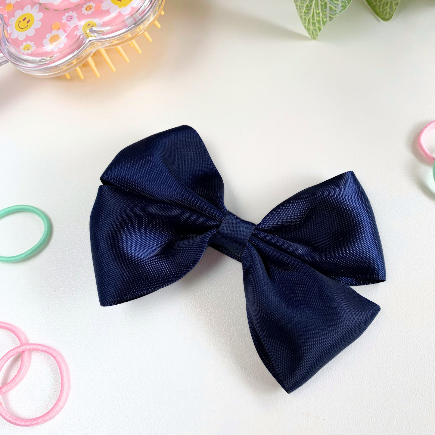 Navy Satin Medium Double Bow Hair Clip