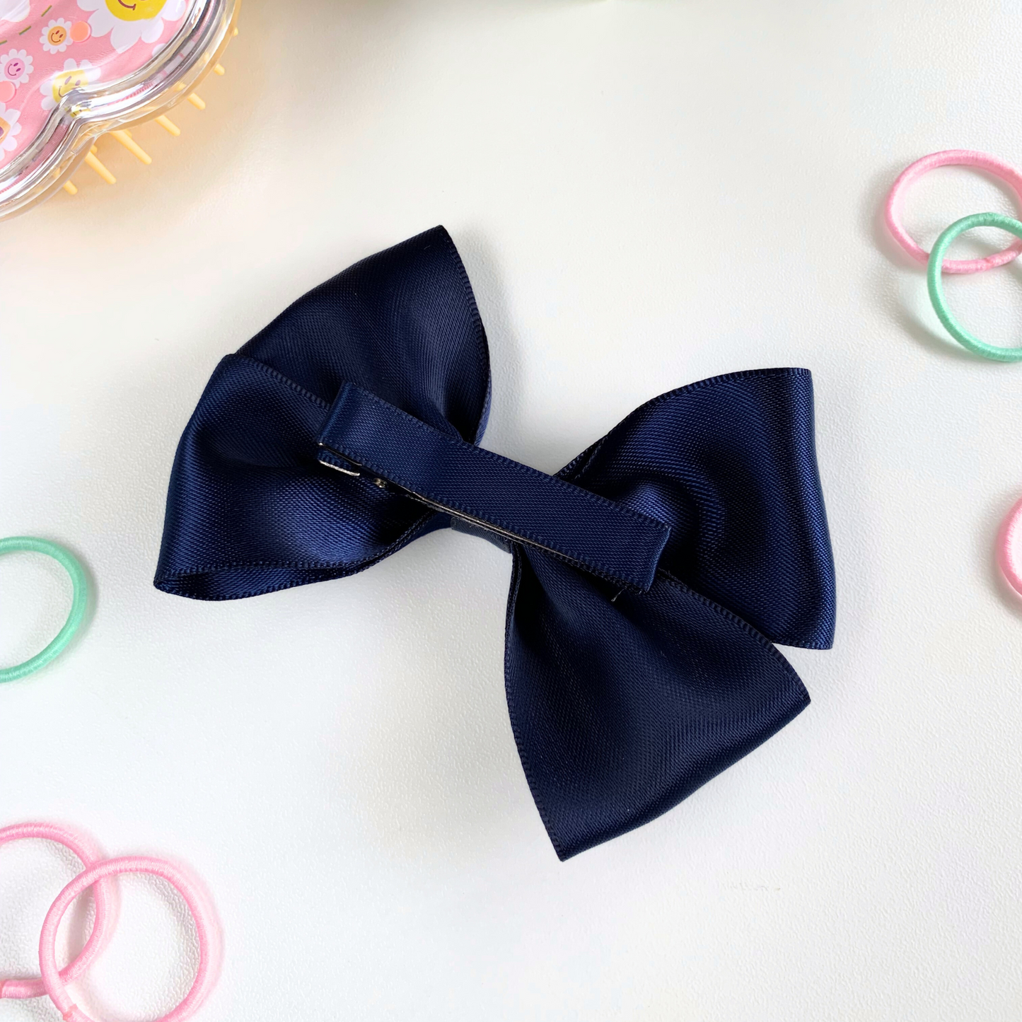 Navy Satin Medium Double Bow Hair Clip