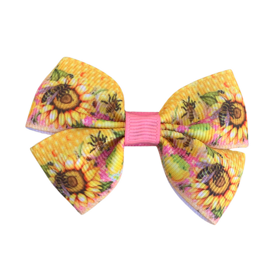 Sunflowers & Bees Print Double Bow Hair Clip