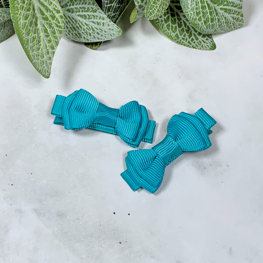 Teal Mini Layered Bow Hair Clips - set of 2