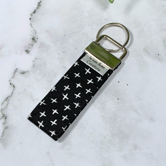 White Crosses on Black Fabric Keyring