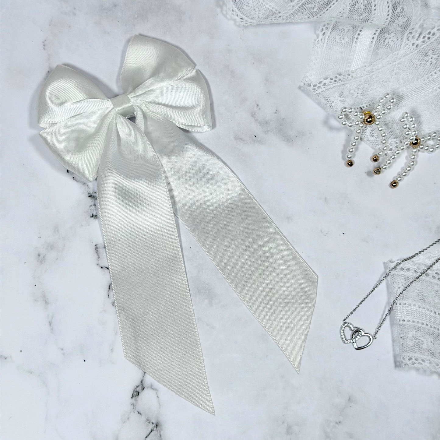 White Satin Bow with Tails Hair Clip