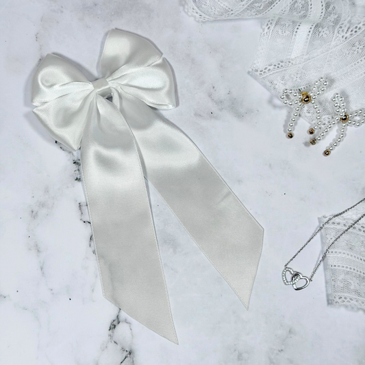 White Satin Bow with Tails Hair Clip