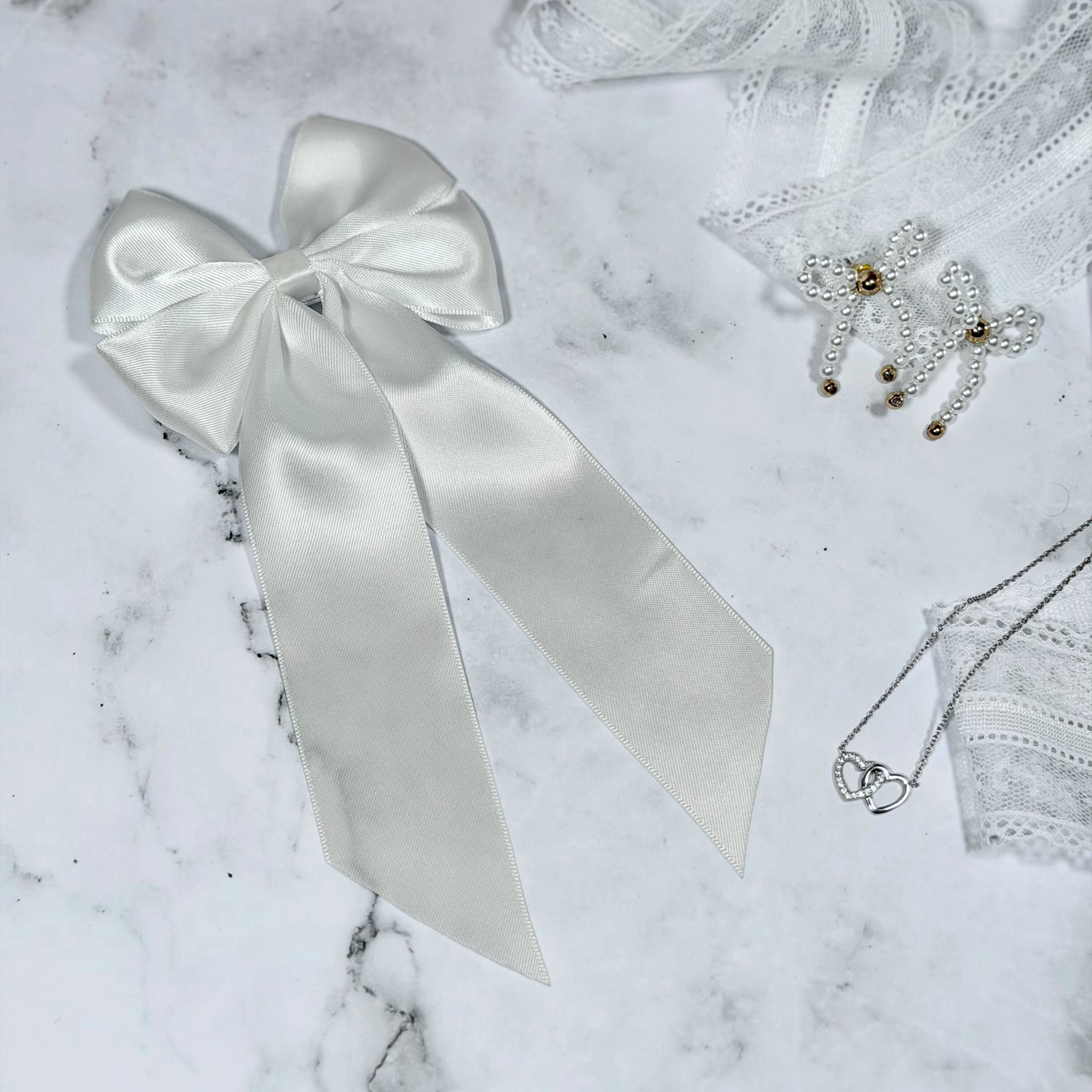 White Satin Bow with Tails Hair Clip