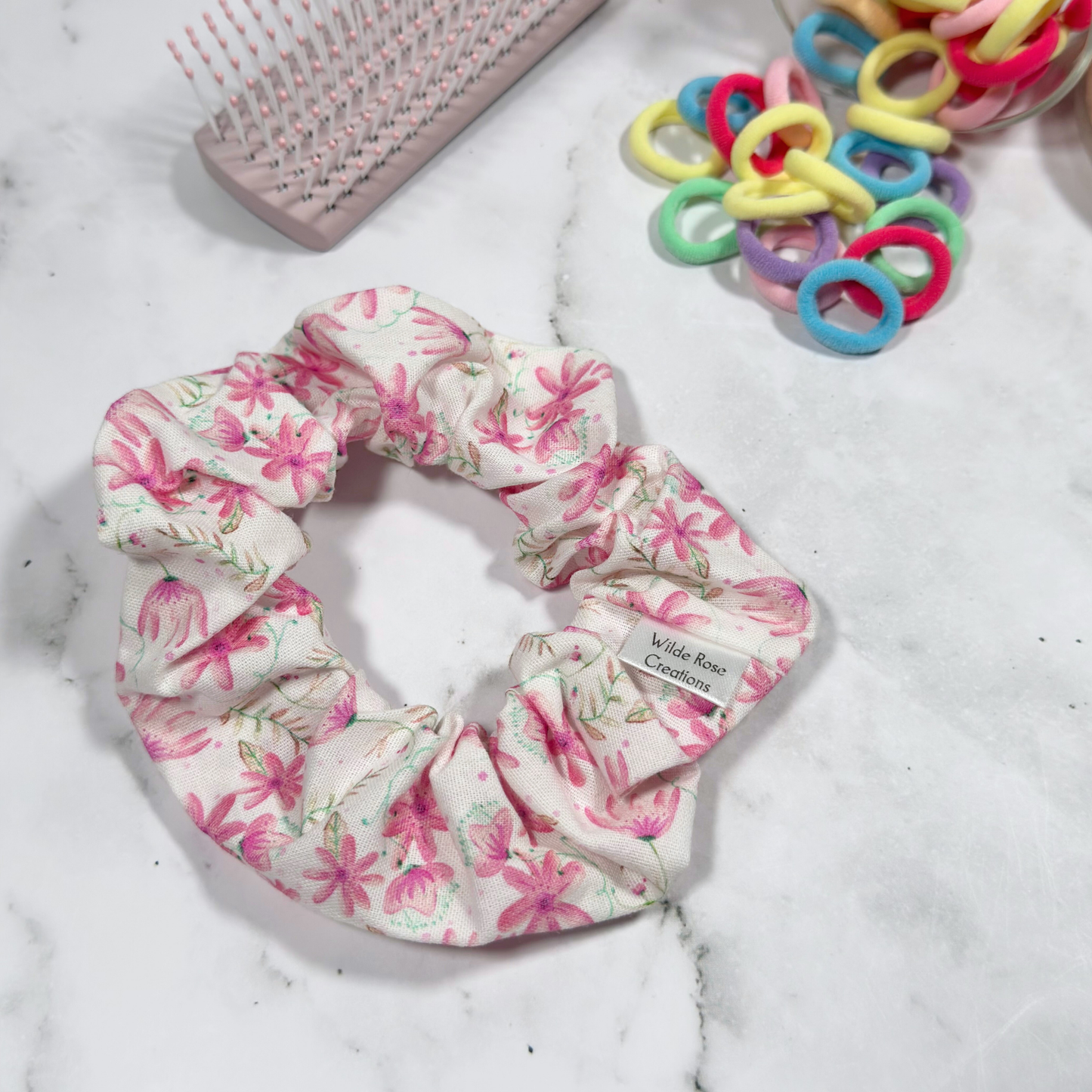 White & Pink Floral Regular Scrunchie