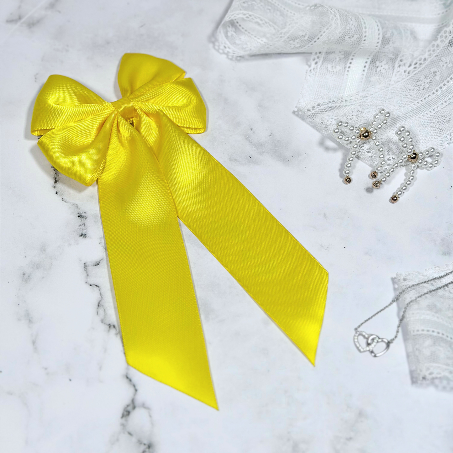 Yellow Satin Bow with Tails Hair Clip